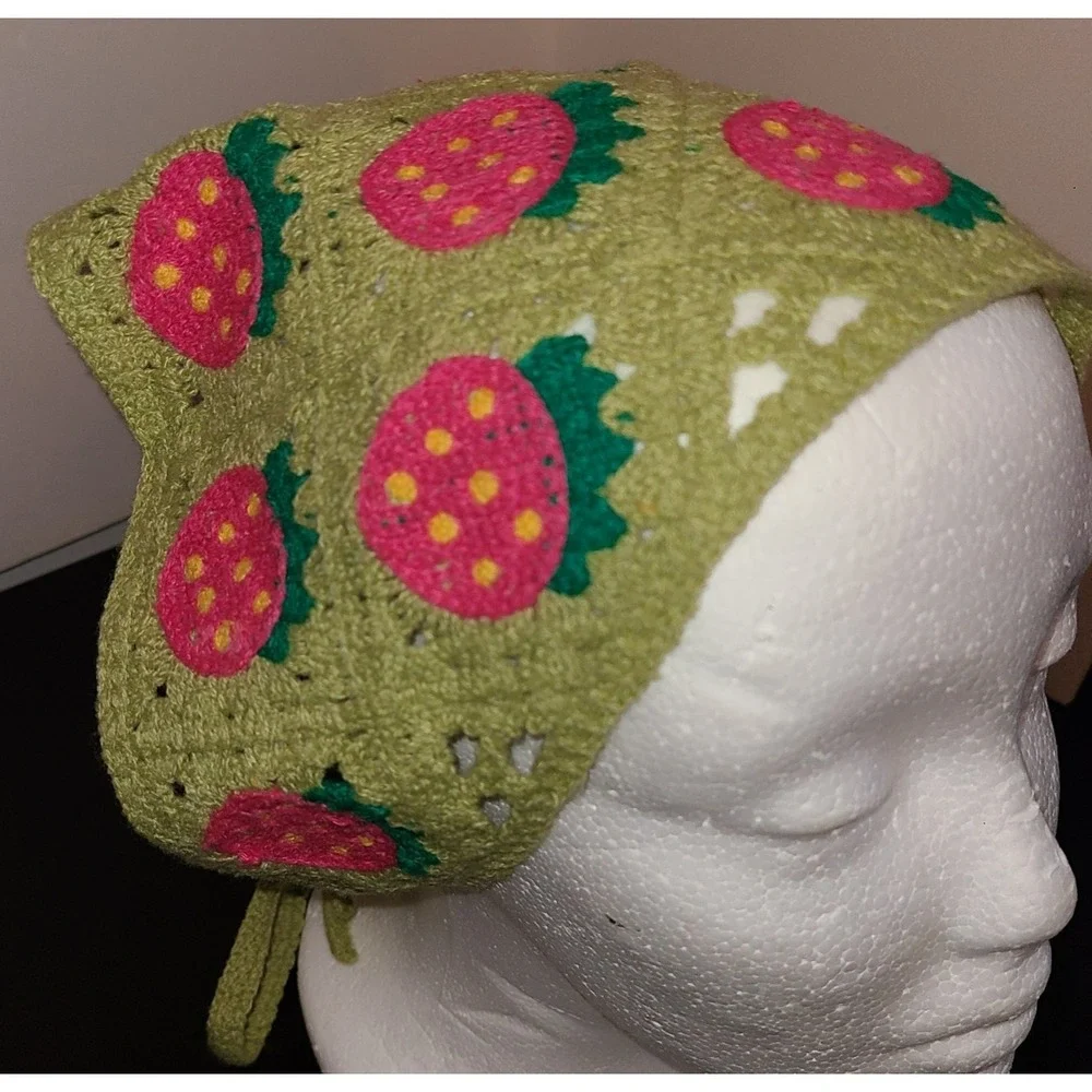Boho Crochet Bandana Strawberry Cottage Core Hippie Hair Scarf Green